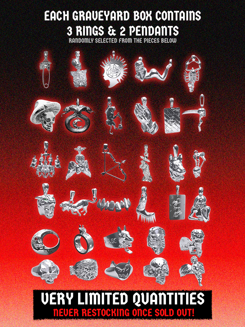 GRAVEYARD MYSTERY BOX (3 RINGS + 2 PENDANTS)