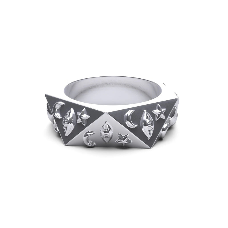 Hard Jewelry Astrology Ring with raised eyes, moons, and stars