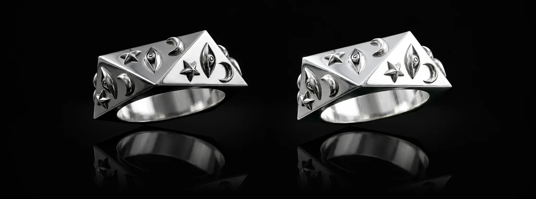Side-by-side Astrology rings adapted from Hard Jewelry’s supplied comparison graphic, stainless steel on the left and sterling silver on the right.